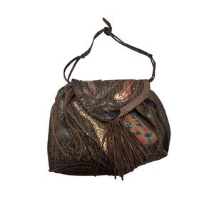 Vintage Nas Bag Exotic Leather & Textile Shoulder Bag With Fringe & Colorful Des